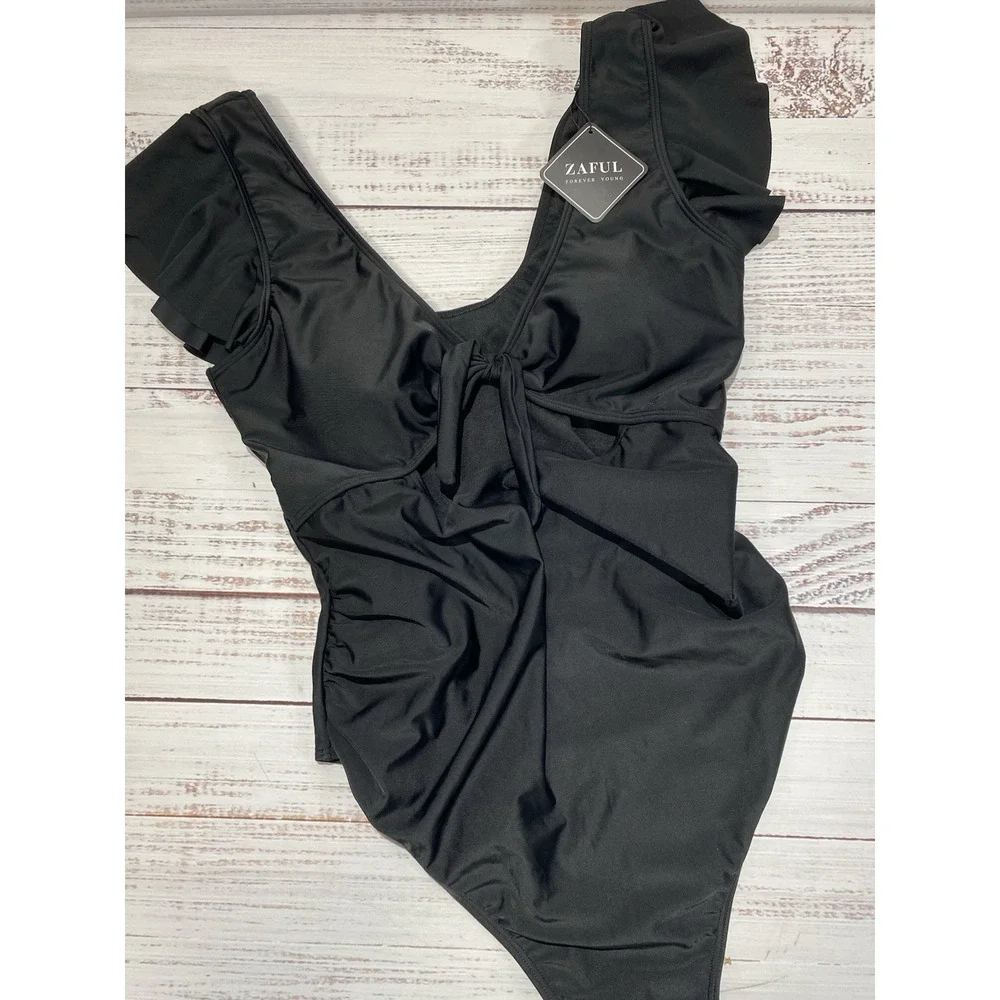 ZAFUL Swimsuit Women Large Black Maternity Ruffle Cutout Front Tie‎ One Piece
